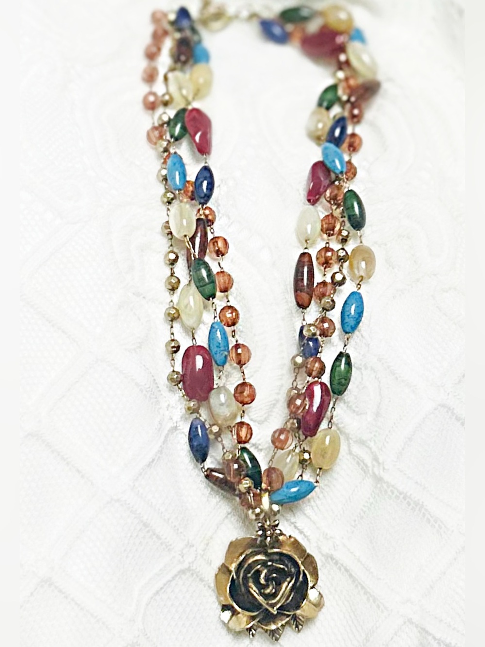 Multistrand Colorful Beaded Statement Necklace Floral Rose Pendant Boho